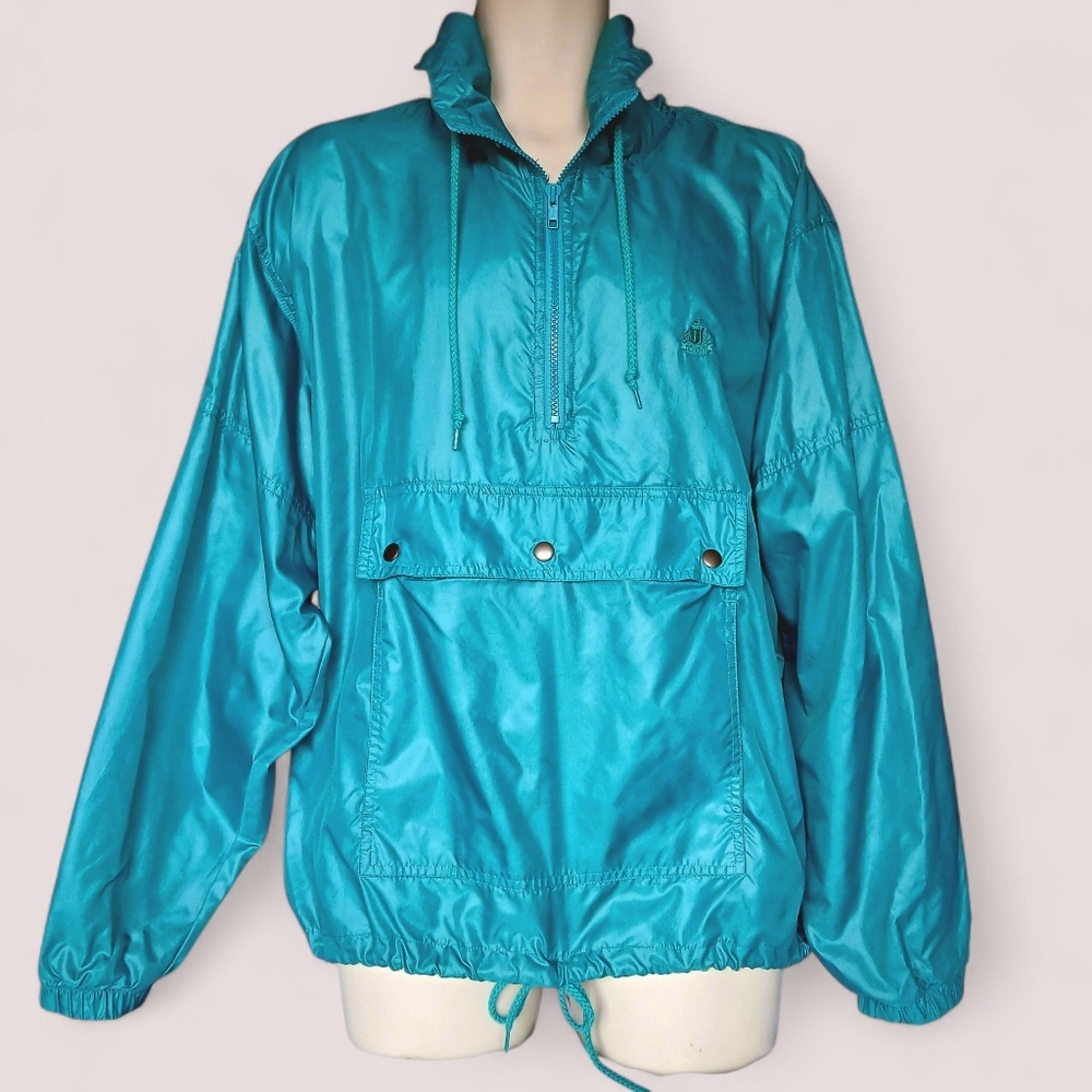 Vintage Izod  Rain Jacket Men’s L Green Teal Pullover Windbreaker 1990's Hooded